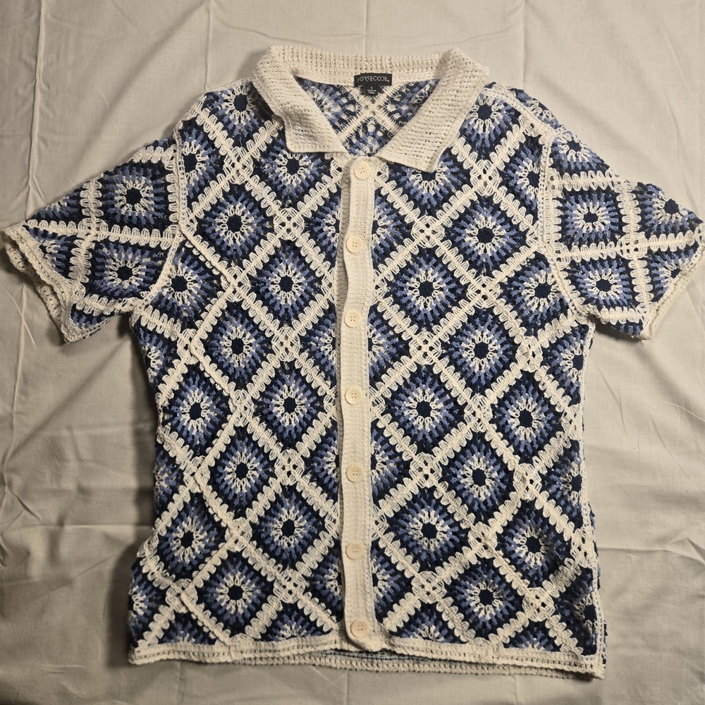 Morse Code Crochet Knit Button Shirt Mens Small Geometric Sweater Short Sleeve